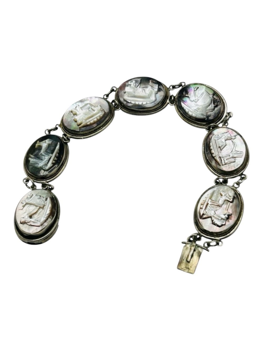Antique Italian Mother-of-Pearl Carved Cameo Bracelet 800 Silver